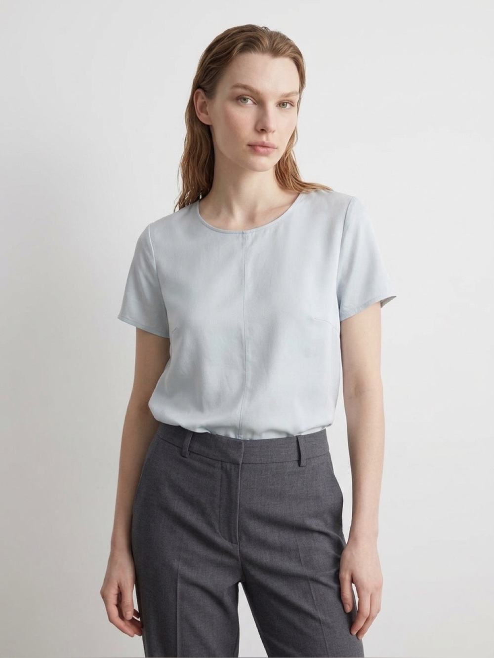 Quince Washable Silk Blue Short-Sleeve Women's Blouse